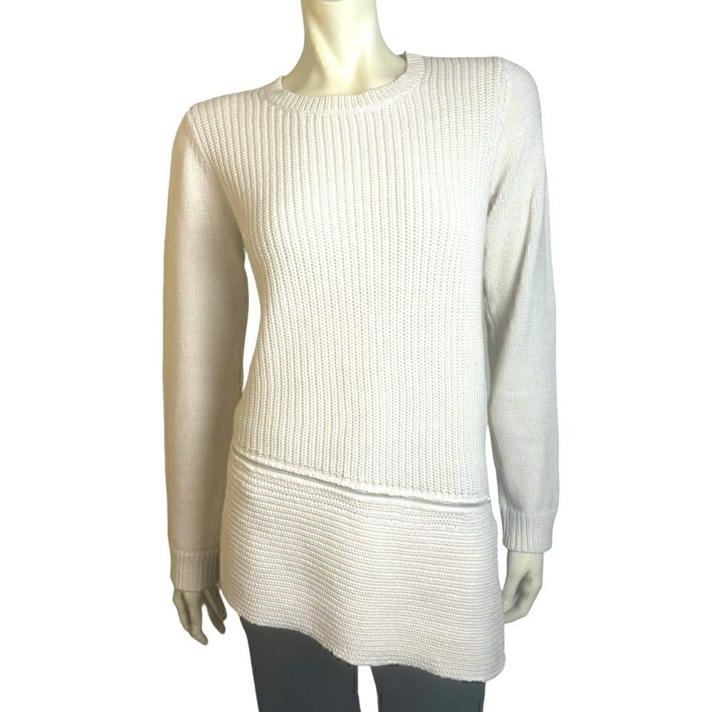 H by Halston L/S Casual Cream Tunic Sweater w/Diagonal Zip Detail Sz S Like New